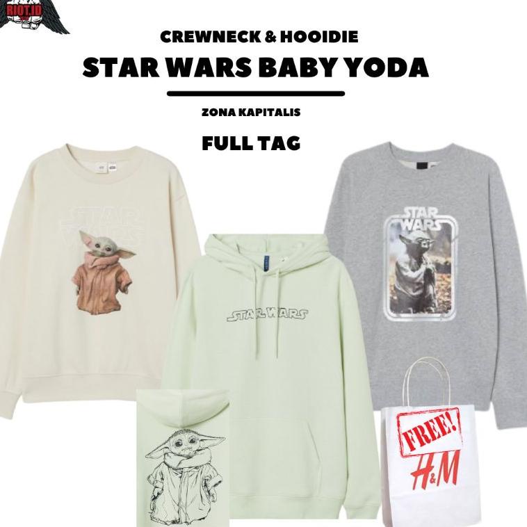 TERLARIS (2.2) Hoodie Crewneck H&M HnM Starwars Baby Yoda Green Cream Grey FREE PAPER BAG FULL TAG J