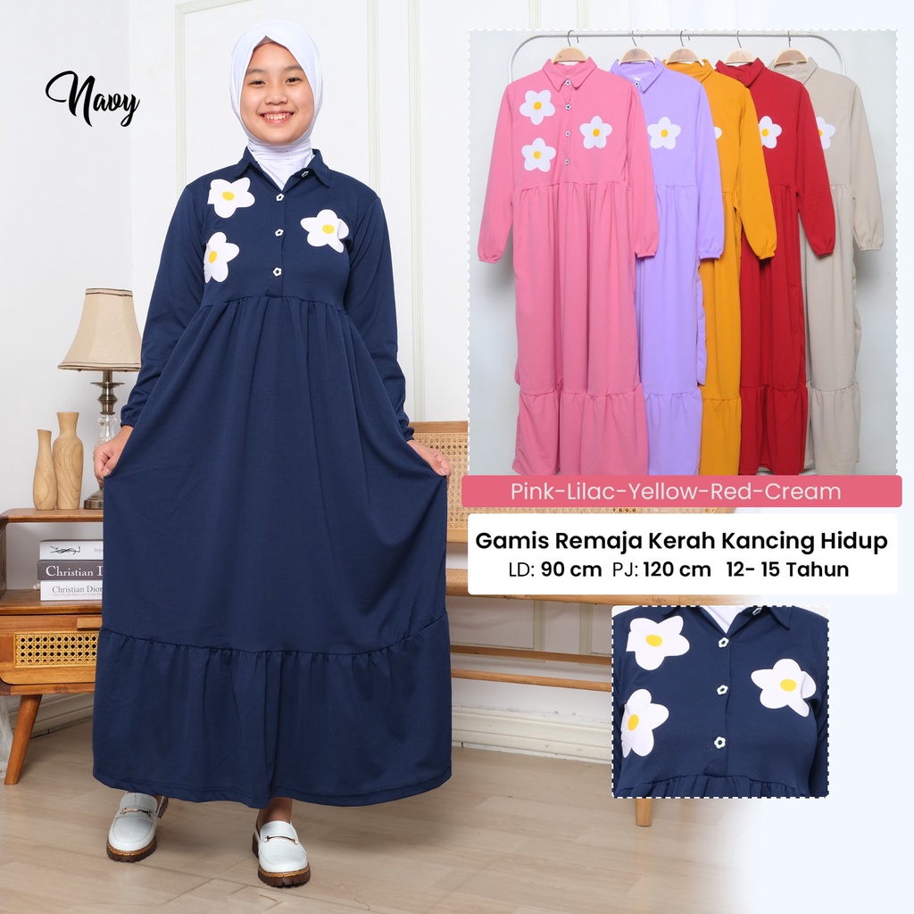 Gamis Remaja Perempuan / Gamis ABG Motif Kerah Bunga Terbaru / Gamis Anak Tanggung Cantik Bahan Voxy