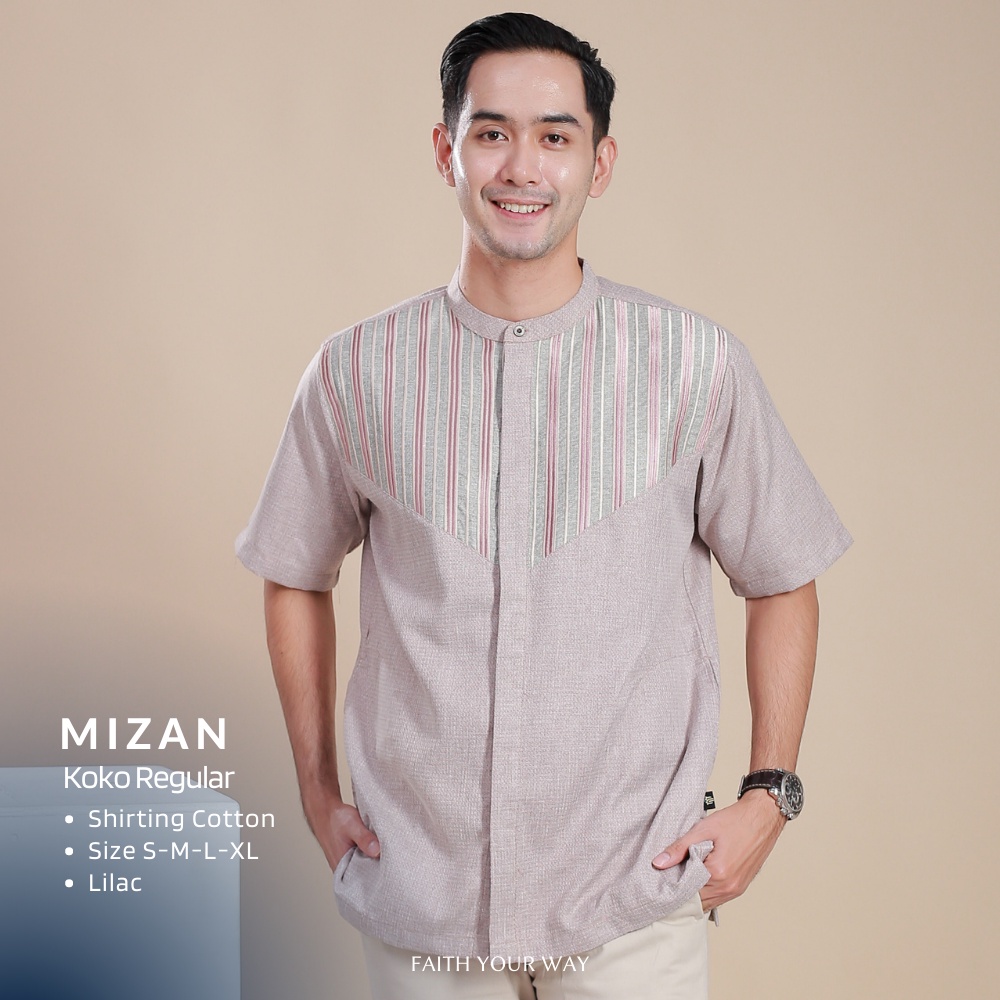 Muslimadani Baju Koko MIZAN Kemko Dewasa Lengan Pendek Baju Muslim Kemeja Koko Pria Bordir-LILAC