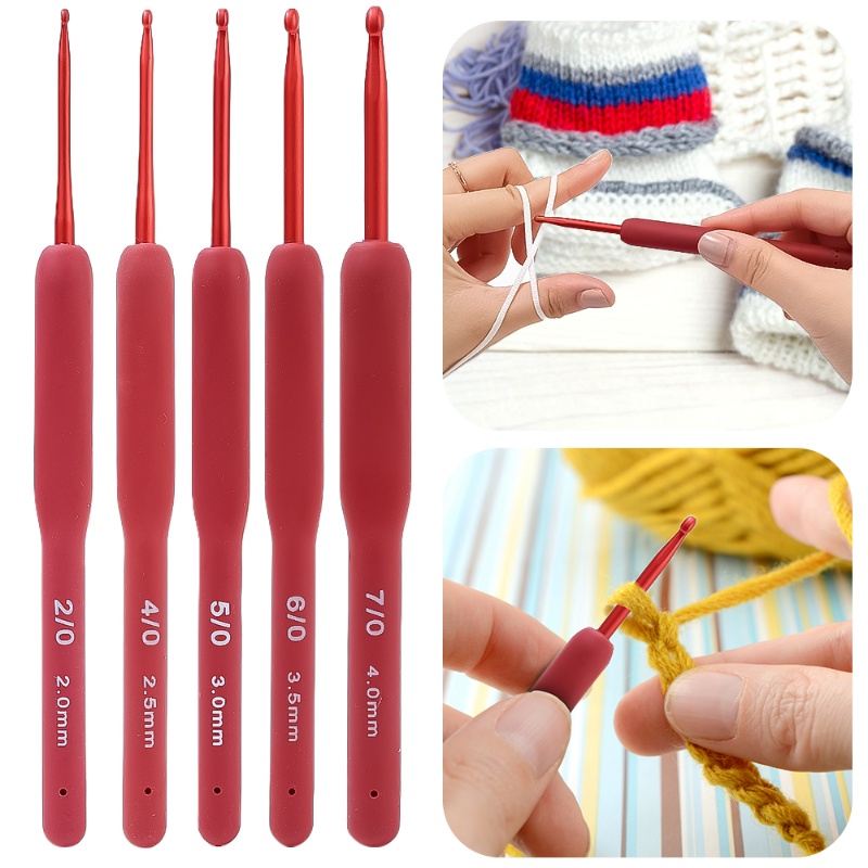 2per3 /4 /5/6mm Merah Aluminium Crochets Silicone Handle Sweater Hook Jarum Topi Sarung Syal Tenun Crochet Handmade Boneka Bunga Mengepang Jarum Benang Kerajinan Tangan Alat Rajut