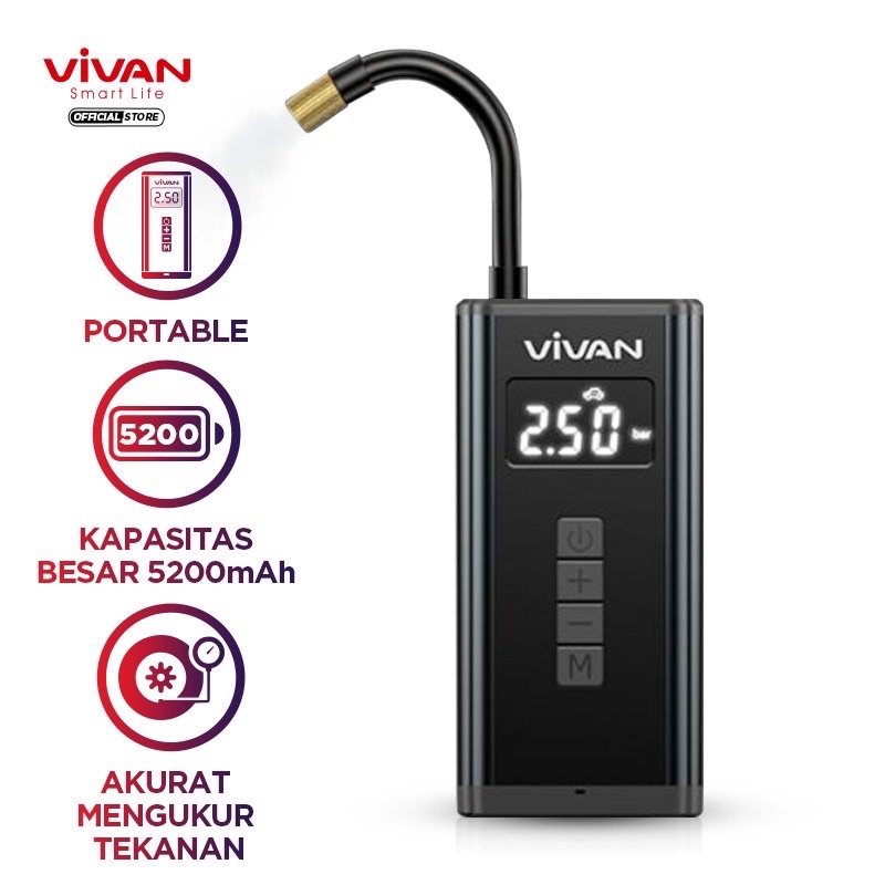 VIVAN Pompa Ban Mobil VTI01 Portable Inflator Tire 5200 mAh Elektrik LCD Display Air Compressor Mini ORI