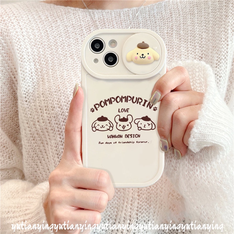 IPHONE Casing Ponsel Kompatibel Untuk Iphone11 7 8 Plus XR 13 12 Pro MAX X XS MAX Lovely Cinnamoroll Pom Pom Purin Kartun Lucu Boneka 3D Tarik Jendela Pelindung Kamera Lembut TPU Cover