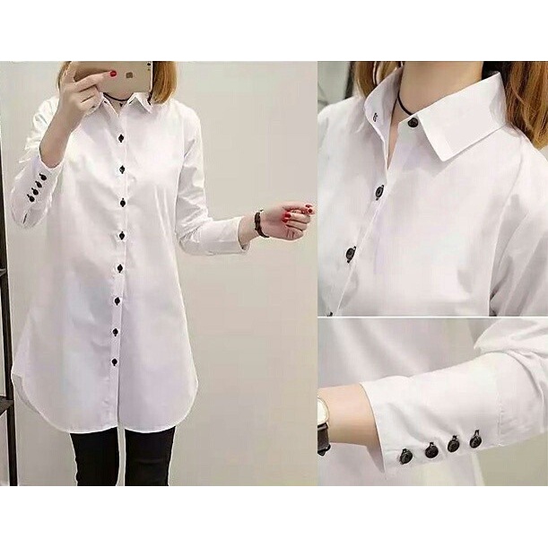 Kemeja Polos Wanita Atasan Tunik Aqua Button lengan panjang Putih L Bayar di Tempat T0J6 casual fash