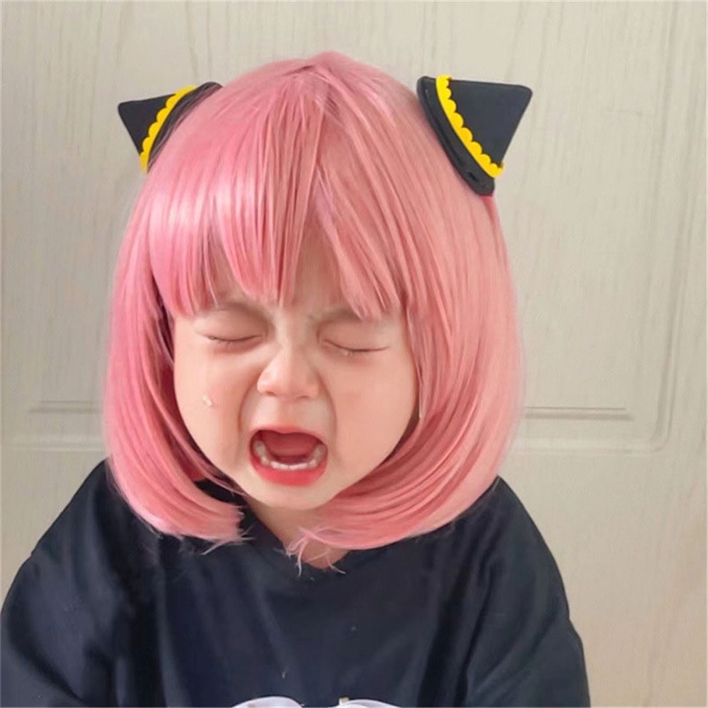 Wig Bob Pendek Anime Ania Cai Yan Pink Untuk Gadis Anak Aksesoris Rambut Hiasan Kepala Poni Pendek Lurus Rambut