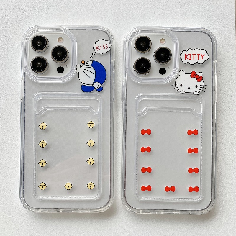 IPHONE Case Pelindung Transparan Desain Lengan Kartu 3in1 Untuk Iphone14 13 12 11 Pro Max X XR XS Max7 8 Plus Kartun Doraemon Kitty