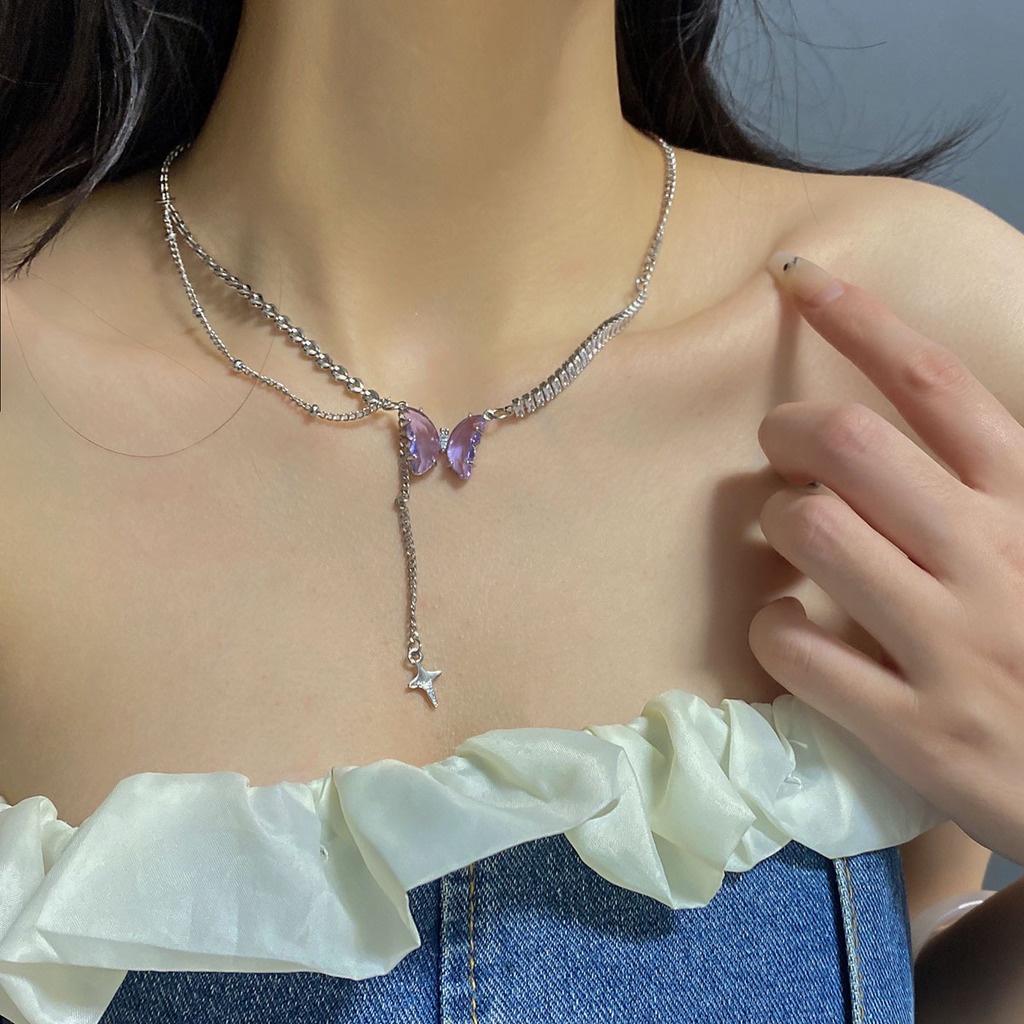 Aksesoris Kalung Rumbai Kupu-Kupu Amethyst Kepribadian Rantai Klavikula Mewah Ringan