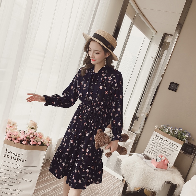 COD 2022 New Fashion Summer Merah Biru Tua Merah Wanita Midi Dress Korea Lengan Panjang Muslimah Motif Bunga Panjang Gaun