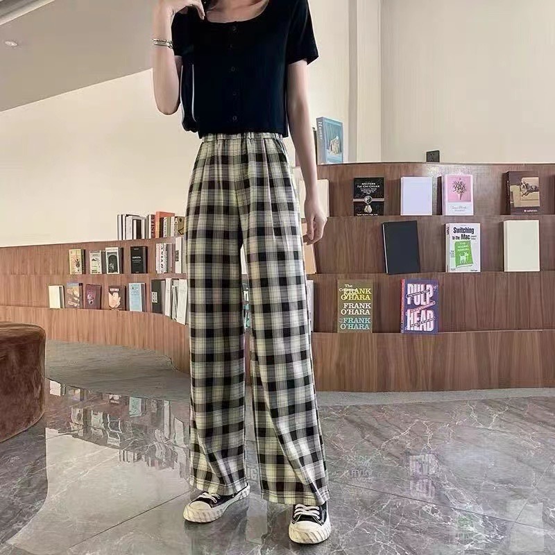 Celana Kulot Kotak Korean Long Pants Tartan Wanita Katun