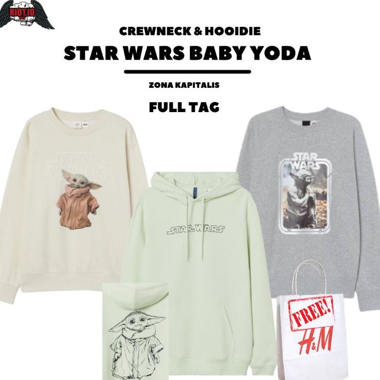 TERPERCAYA (2.2) Hoodie Crewneck H&M HnM Starwars Baby Yoda Green Cream Grey FREE PAPER BAG FULL TAG