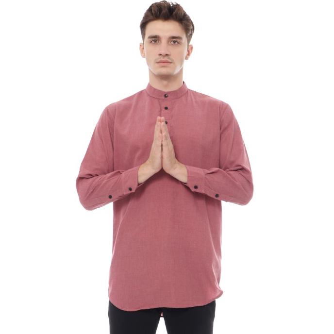 Kemeja Qurta Pakistan Baju Koko Muslim Lengan Panjang Merah Muda