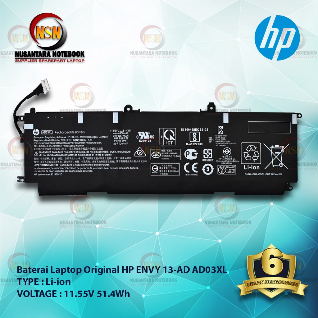 Baterai Original Laptop HP For ENVY 13-AD AD03XL 11.55V 51.4 Wh