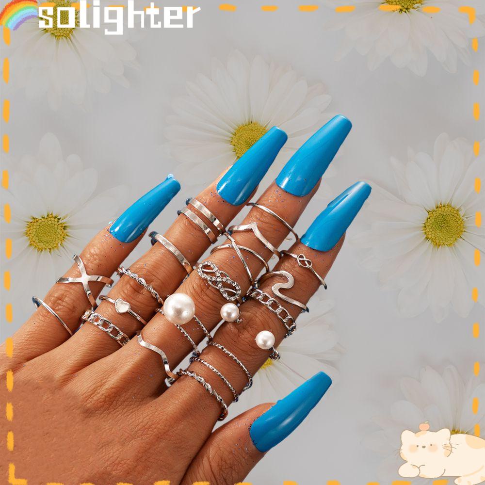 Solighter 18pcs/Set Cincin Set Perhiasan Aksesoris Mutiara Hollow Bohemian