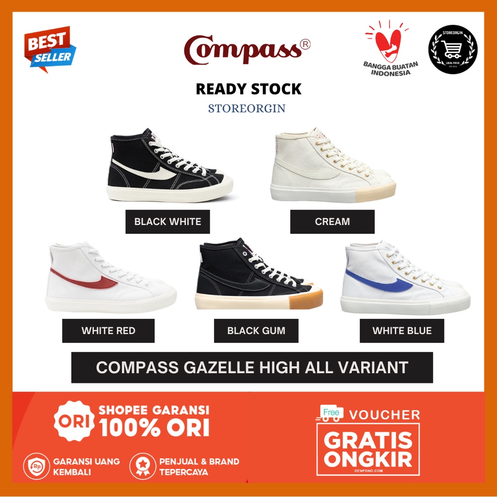 [BNIB] COMPASS GAZELLE HIGH BLACK WHITE / CREAM / MATCHA WHITE / BLUE / WHITE BLUE