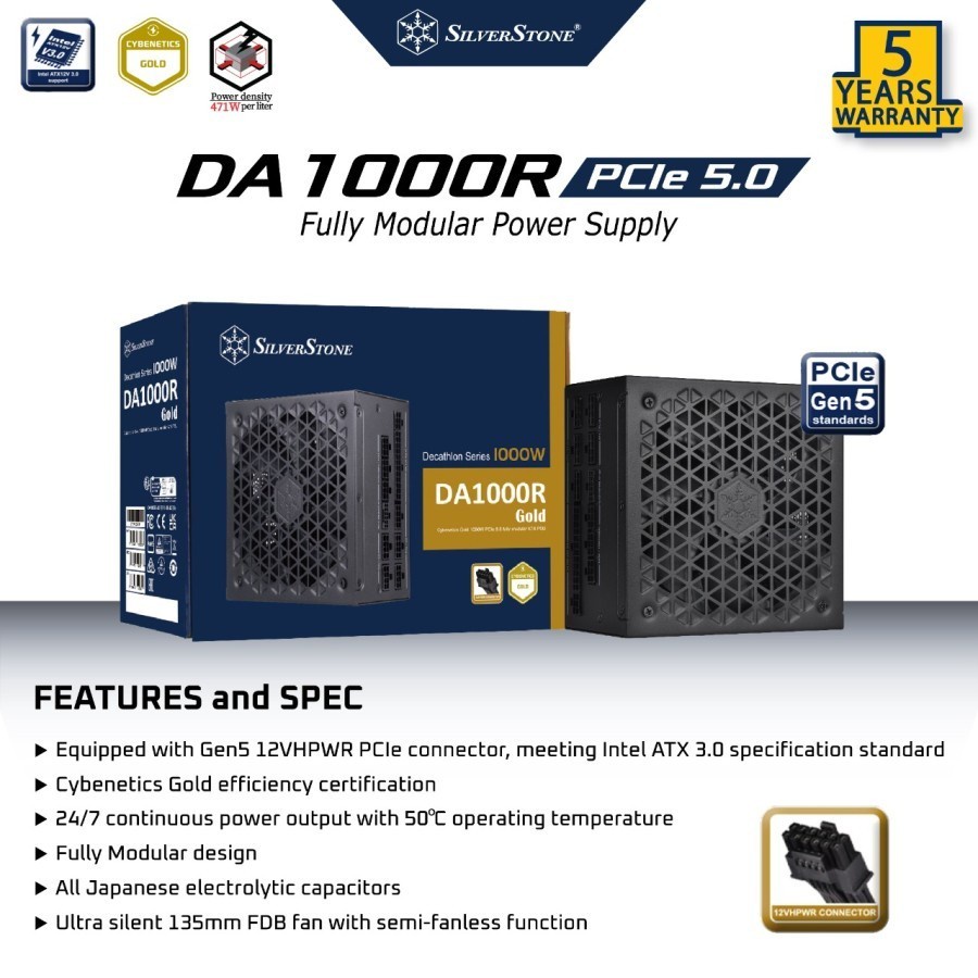 SilverStone DA1000R Cybenetics Gold - 1000W GM PCIe 5.0 PSU DA 1000R