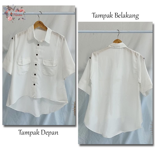 Atasan Wanita Blouse Oversize Kemeja Wanita Lengan Pendek 3/4 Jumbo Crop Polos Broken White Kantong Hidup Busui Friendly Fit XL-XXL