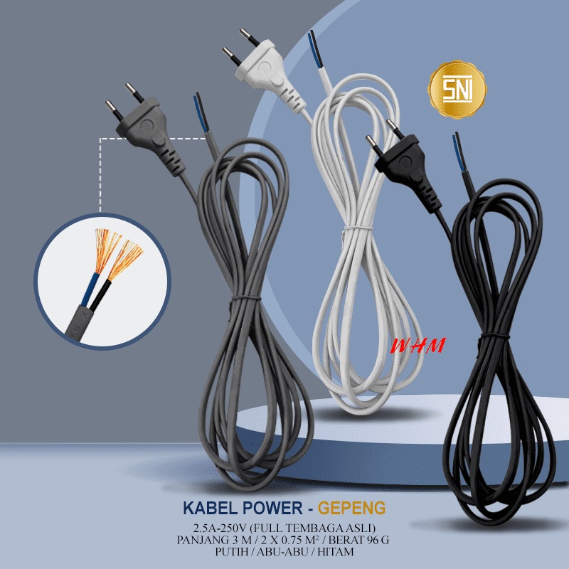 3M ASLI TEMBAGA KABEL POWER / KABEL AC 220V / KABEL BUNTUNG / KABEL LISTRIK Kabel Sambungan + Colokan Listrik Panjang 3M