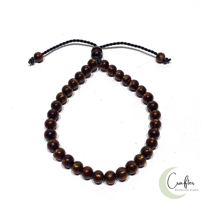 Gelang 33 Butir Kayu Tali Arus /Akar Bahar Serat Emas Kehitaman Asli