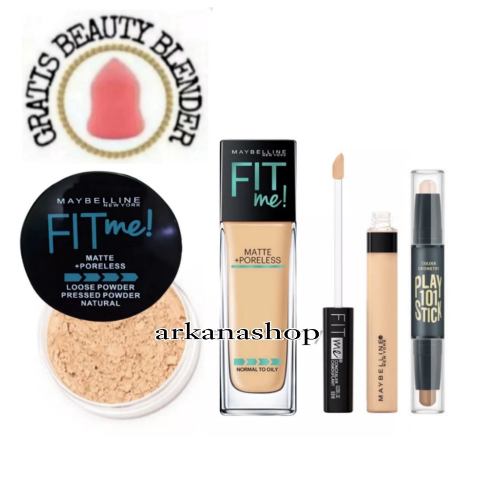 Make Up Set Maybelline Fit me / Paket Kosmetik Maybelline 1 Set Lengkap / Paket Kecantikan / Foundation / Bedak Tabur / Bedak Padat / Concealer / Stick Contour / Spon MakeUp