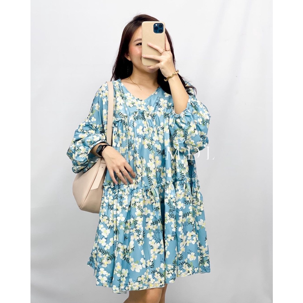 Dress Carlotta Mini Dress Jumbo Korean Style Motif Bunga Lengan Pendek