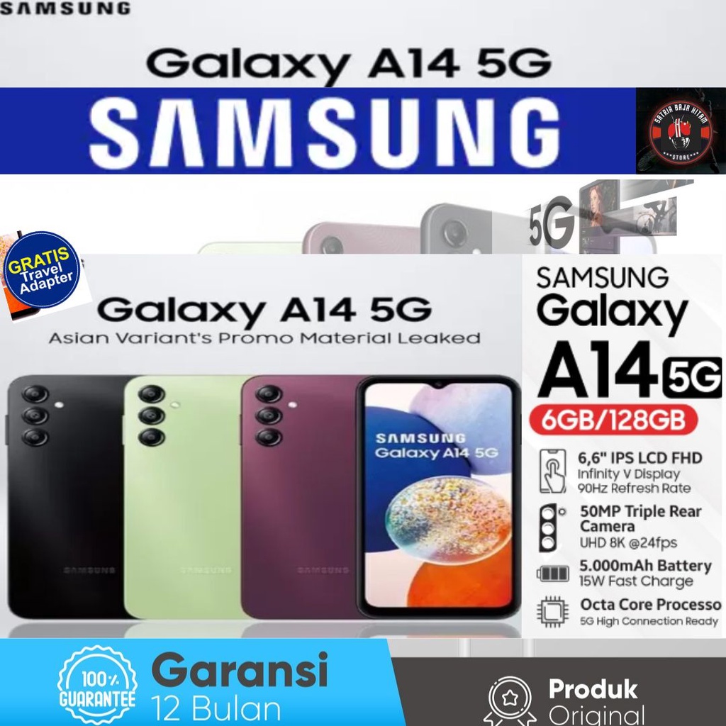 Samsung A14 5G Ram 6/128GB-NFC - Garansi resmi - free adapter 15w