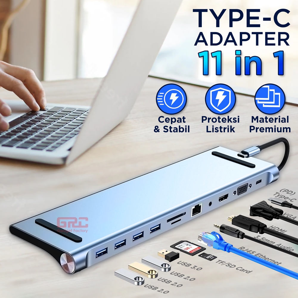 Adapter HUB 11 Port Type C to HDMI VGA USB PD LAN TF SD Card 11 in 1