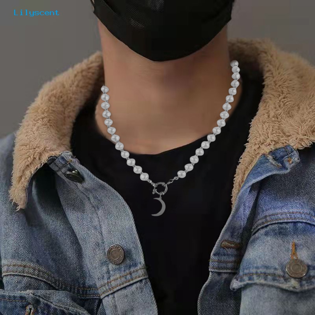 [LS] Kalung Pria Klasik Mutiara Imitasi Hip Hop Geometris Electroplating Hias Stainless Steel Laki Bulan Liontin Kalung Fashion Perhiasan Untuk Pakaian Sehari-Hari