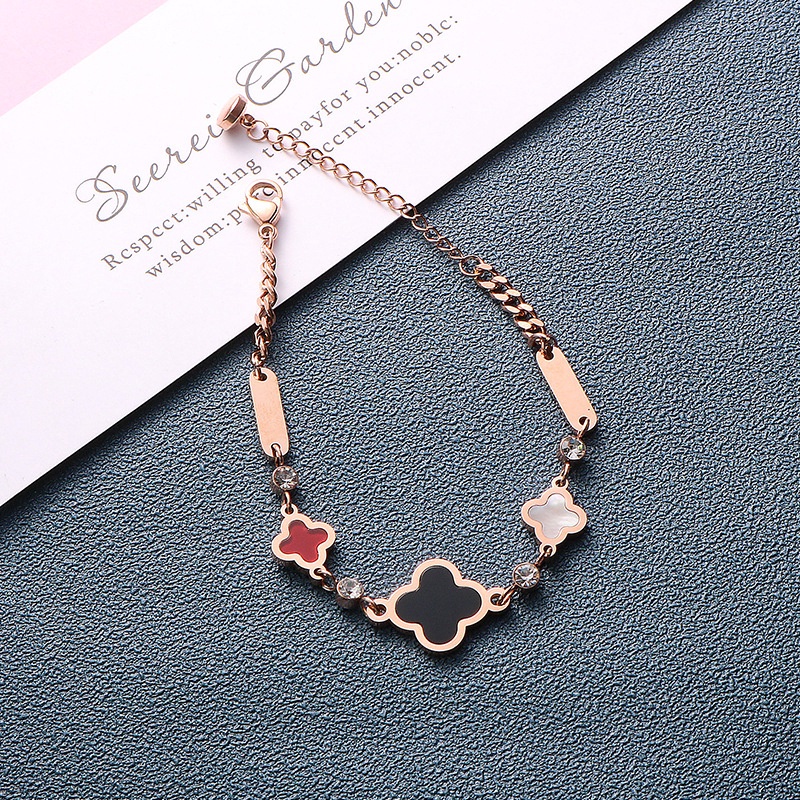 Gelang Desain Clover Gaya Klasik | Gelang Bahan Titanium Stainless Steel 18K Warna Rose Gold