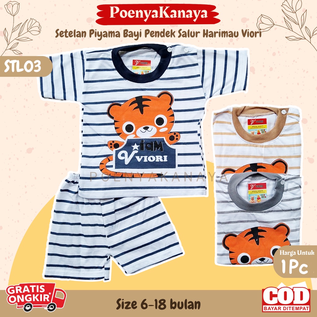 Setelan Baju Bayi Piyama PENDEK SALUR HARIMAU Viori Size 6-18 Bulan STL03