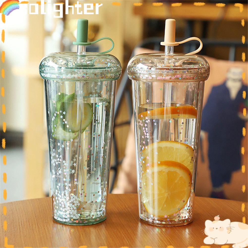 Solighter Botol Air Minum Sedotan Outdoor Glitter Double Layer