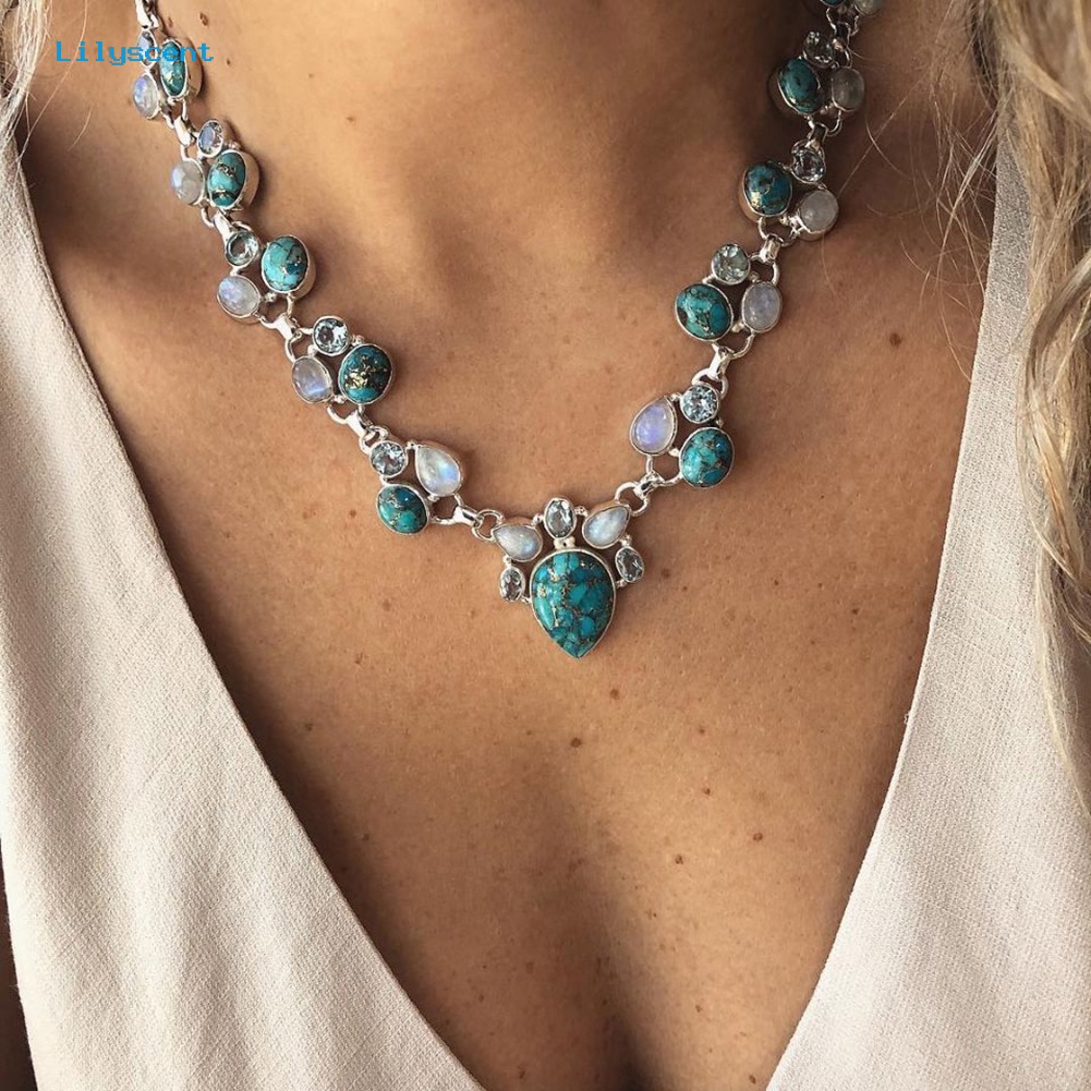 [LS] Wanita Fashion Faux Opal Turquoise Pendant Rantai Choker Kalung Pesta Perhiasan