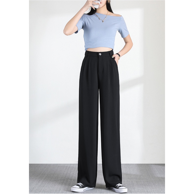 Hitam/Putih/Coklat/Khaki Highwaist Straight Loose  Kasual Celana Setelan Wanita Korean