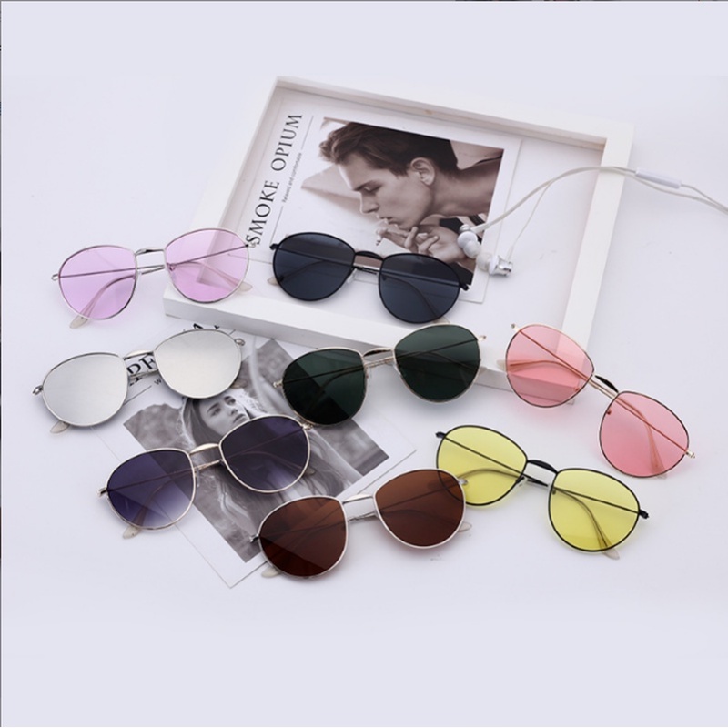 (YUZHU) Kacamata Hitam Bingkai Bulat Metal Gaya Retro Warna Permen UV400 Sunglasses Untuk Wanita/Pria