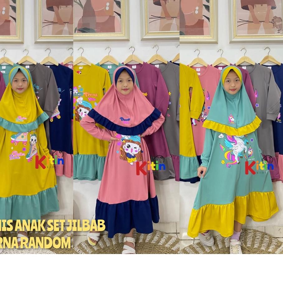 (BISA COD) YN - GAMIS ANAK SET HIJAB 2-12 TAHUN/ BAJU MUSLIM NGAJI ANAK PEREMPUAN MOTIF BTS BT21 UNI