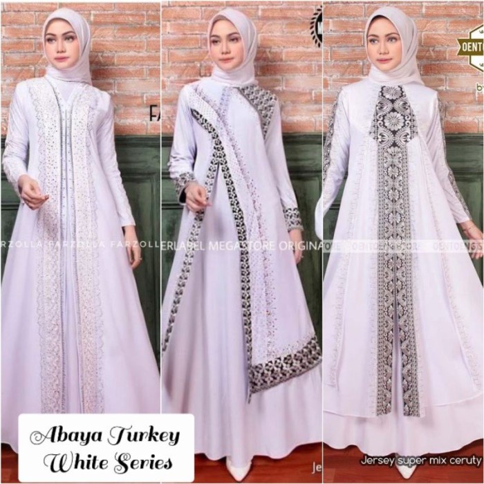 GAMIS ABAYA TURKEY MEWAH WARNA PUTIH BORDIR JERSEY CERUTY MIX SWAROVSK