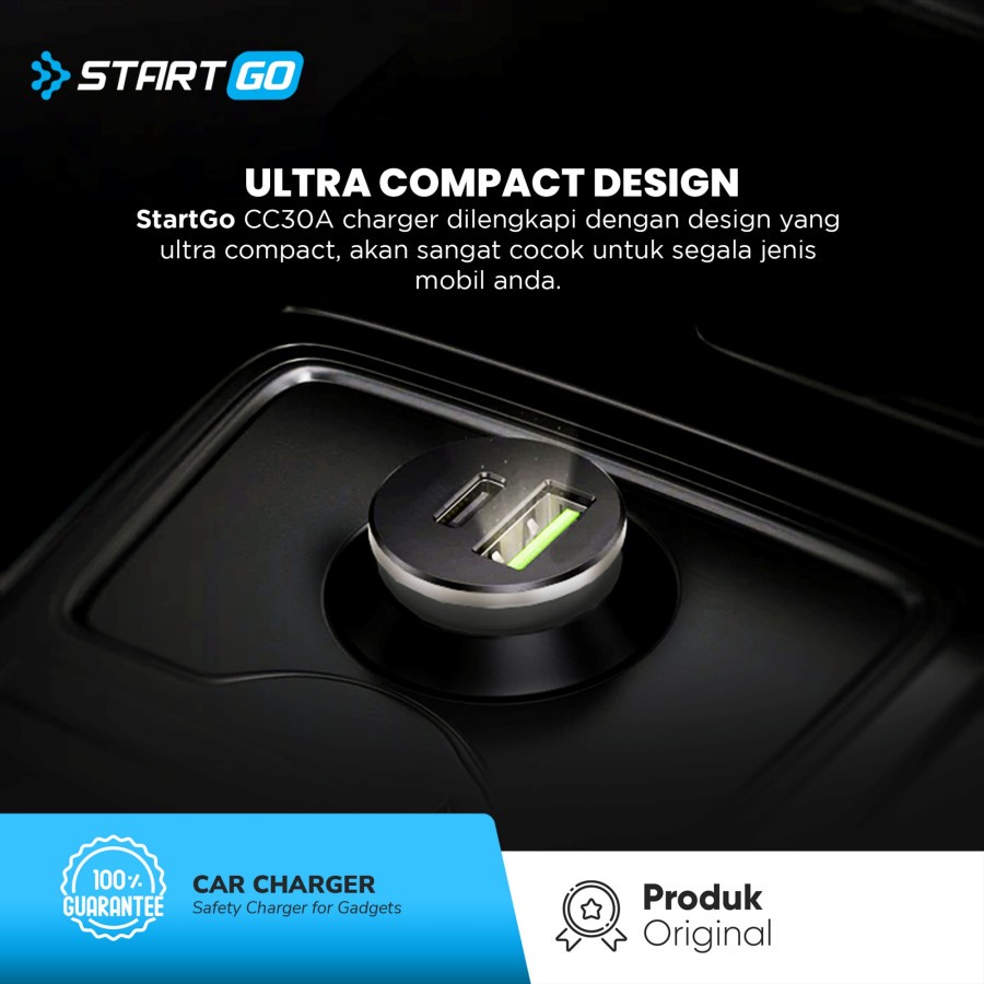 STARTGO Mobil/Car Charger Fast Charging 2 port USB A&amp;C 3 Ampere CC30A