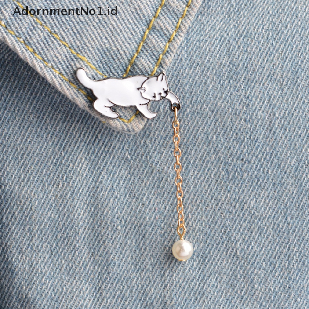 [AdornmentNo1] Enamel Lucu Mutiara Kucing Bros Pin Baju Kerah Pin Breastpin Wanita Perhiasan Hadiah [ID]