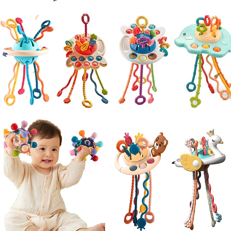 Push-button Enlightenment Bear Pull Rope Toy 5in1 Fun Rattles Pull Ring Toys High Quality Silicone Pull String Mainan Jari Edukasi