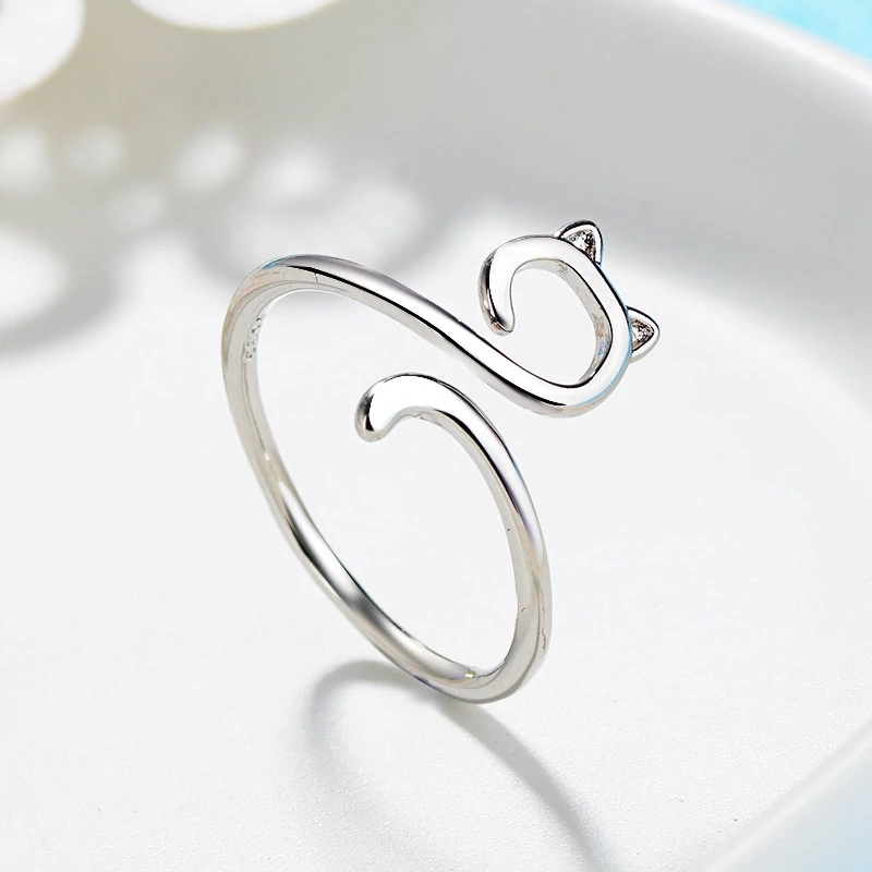 Elegan Perak Disepuh Lucu Kitten Ring Sederhana Aesthetic Adjustable Open Ring Garis Minimalis Telinga Kucing Ekor Wanita Perempuan Perhiasan