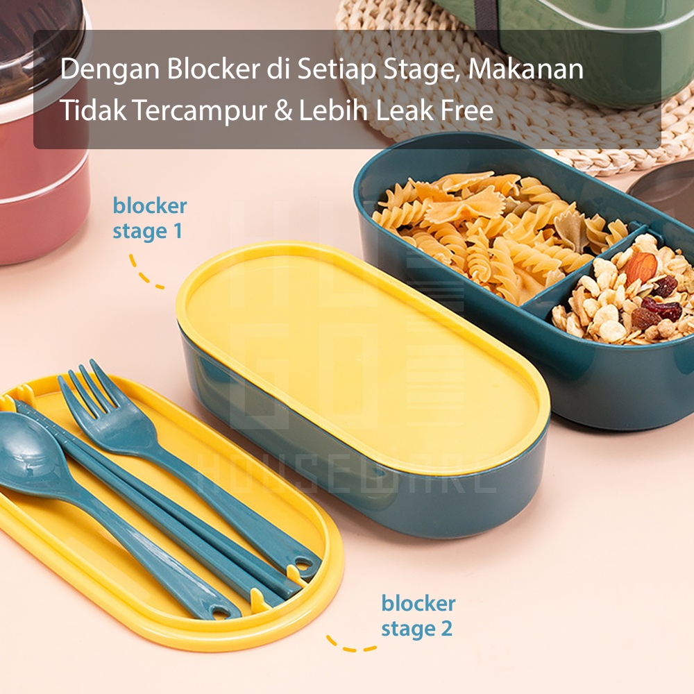 HUGO Kotak Bekal Makan Siang Lunchbox 2 Layer 700 ml Free Alat Makan Tempat Makan Set