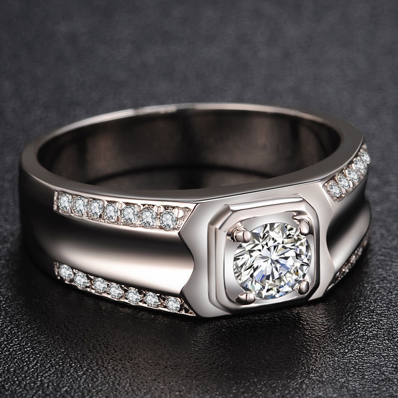 Hands Jewelry Perhiasan Berlian Original Berlian Eropa Asli Cincin Pertunangan Pria 1 Ct Moissanite,925 Platina Berlapis Perak