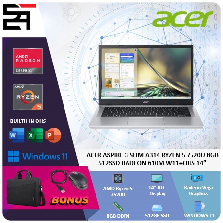 Acer Aspire 3 Slim A314 Ryzen 5 7520U 8GB 512GB SSD RADEON 610M W11 OHS 14 Inchi