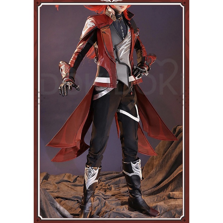 Game Genshin Impact Cosplay Diluc Costume Teyvat Red Dead of Night Diluc Cosplay High Ponytail Wig Shoes New Skin Female Clothes
