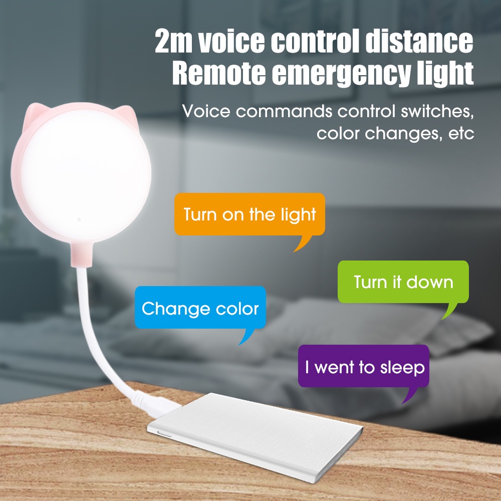 USB Charging Indoor Lighting Bendable Long Pole Night Lamps Chinese / English Voice Control LED Light Cat Shape Eye Protection Reading Lamp Energy-saving Sleeping Lights