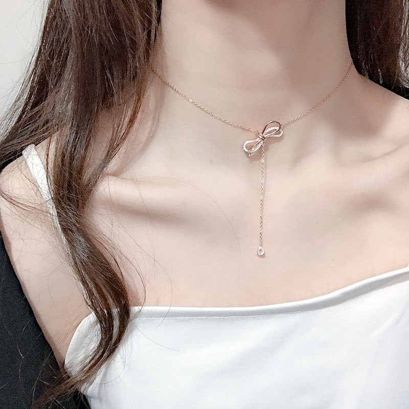 Kalung Rumbai Pendek Desain Pita Bahan Titanium Steel Anti Air Dan Keringat Warna Rose Gold Gaya Korea