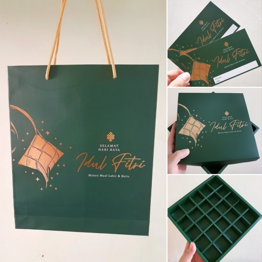 

5 pcs paket 1 paper bag hadiah hampers dus sekat 30 motif hijau ketupat packaging kue nastar edisi hari raya idul fitri