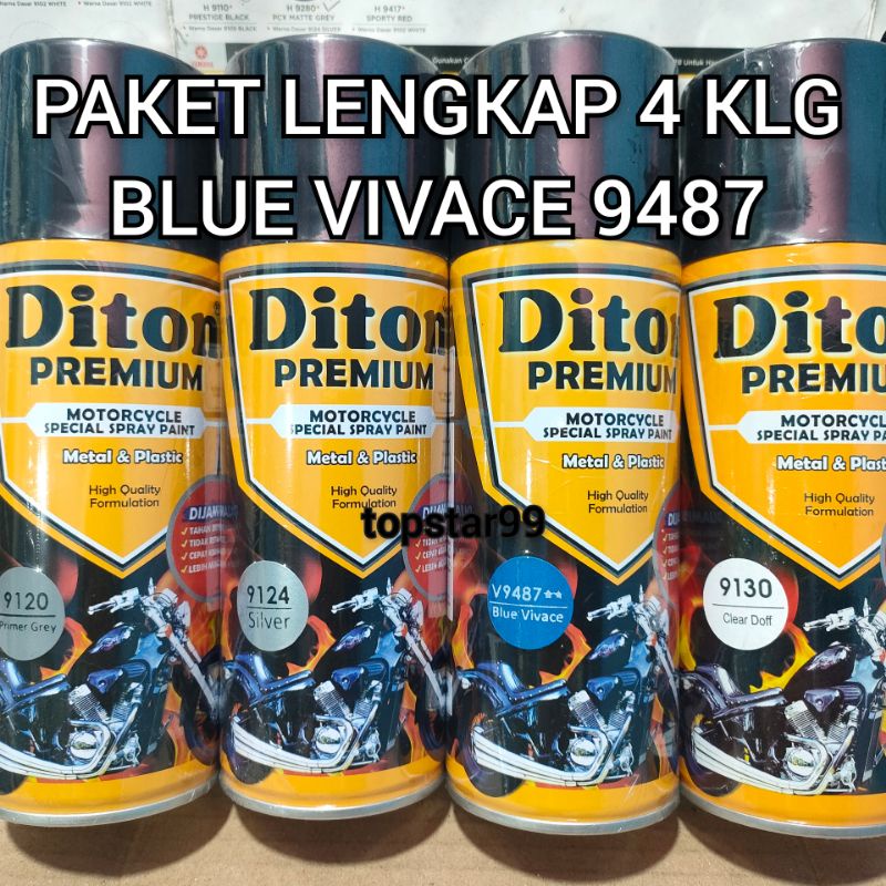 Pilok Cat Diton Premium Paket Lengkap 4 Kaleng Blue Vivace Biru metalik 9487 Primer Grey 9120 Silver 9124 Clear Doff 9130 400cc Pilox Paketan Cat Semprot Special Spray Paint