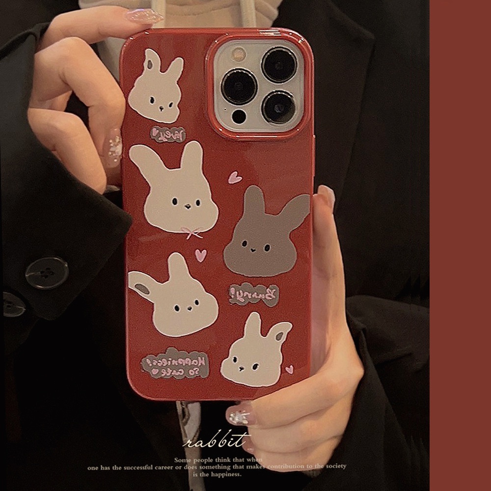 Ins Vintage Bunny Rabbits Wine Red Soft TPU Phone Case Back Cover Pelindung Untuk Iphone X XR XS 11 12 13 14 PLUS PRO MAX
