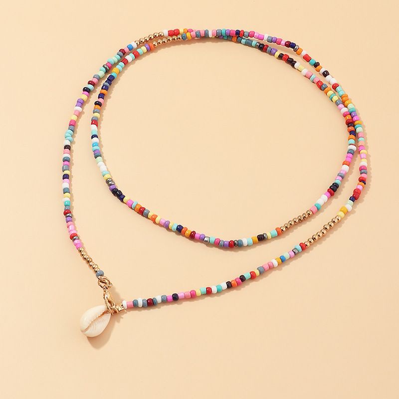 Kalung Manik Etnik Wanita Bohemian Style Warna Campur Mix Beads Liontin Kerang Double Layer Unik Style