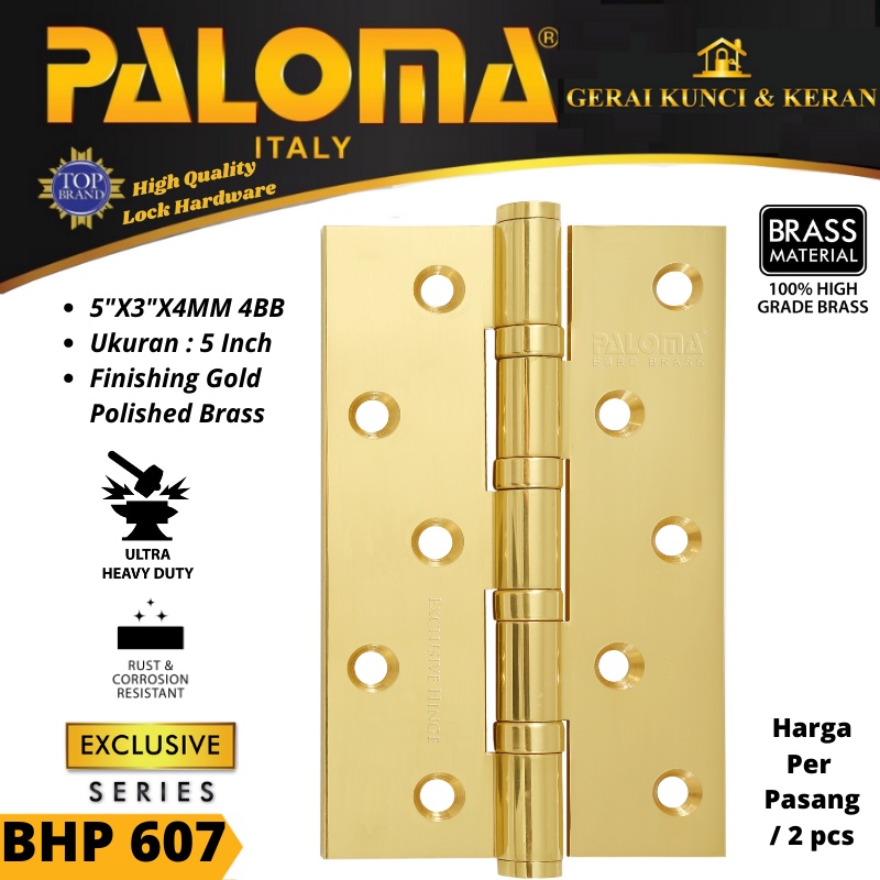 ENGSEL PINTU PALOMA BHP 607 BRASS 5&quot;X3&quot;X4MM 4BB BRASS GOLD PB