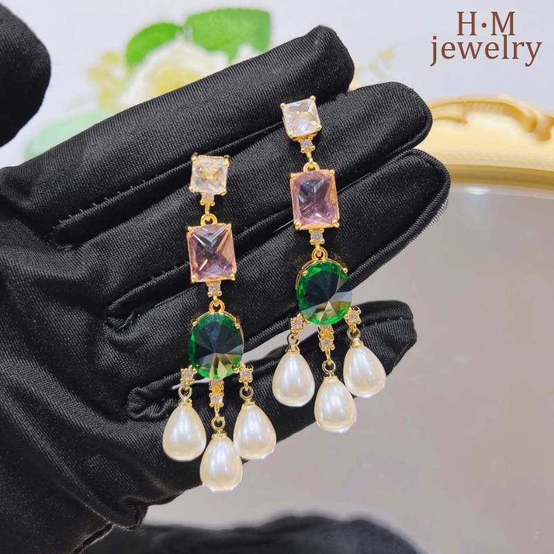 Anting Mutiara Barok Warna-Warni Antik Zamrud Berlian Berwarna Permata Anting Panjang